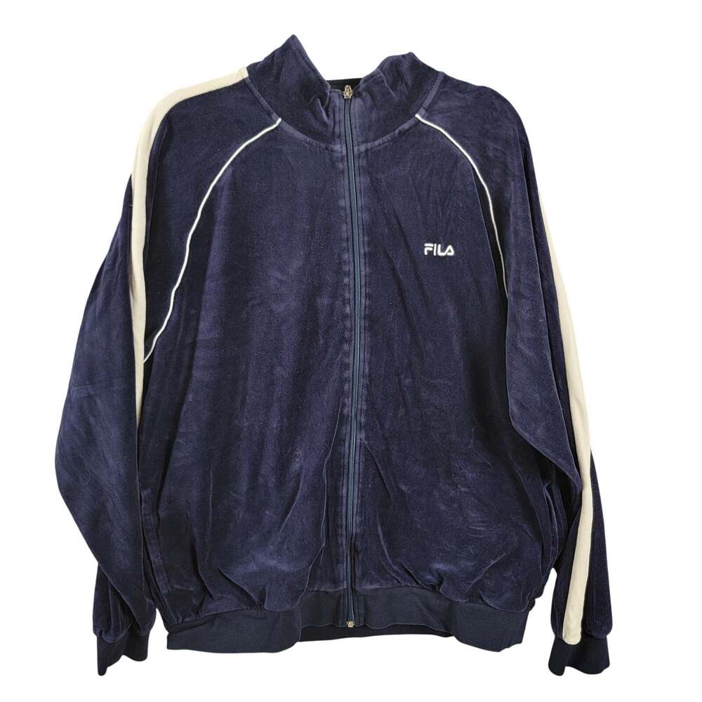 Vintage Fila Velour Full Zip Track Jacket Mens XL Navy Blue White Stripe